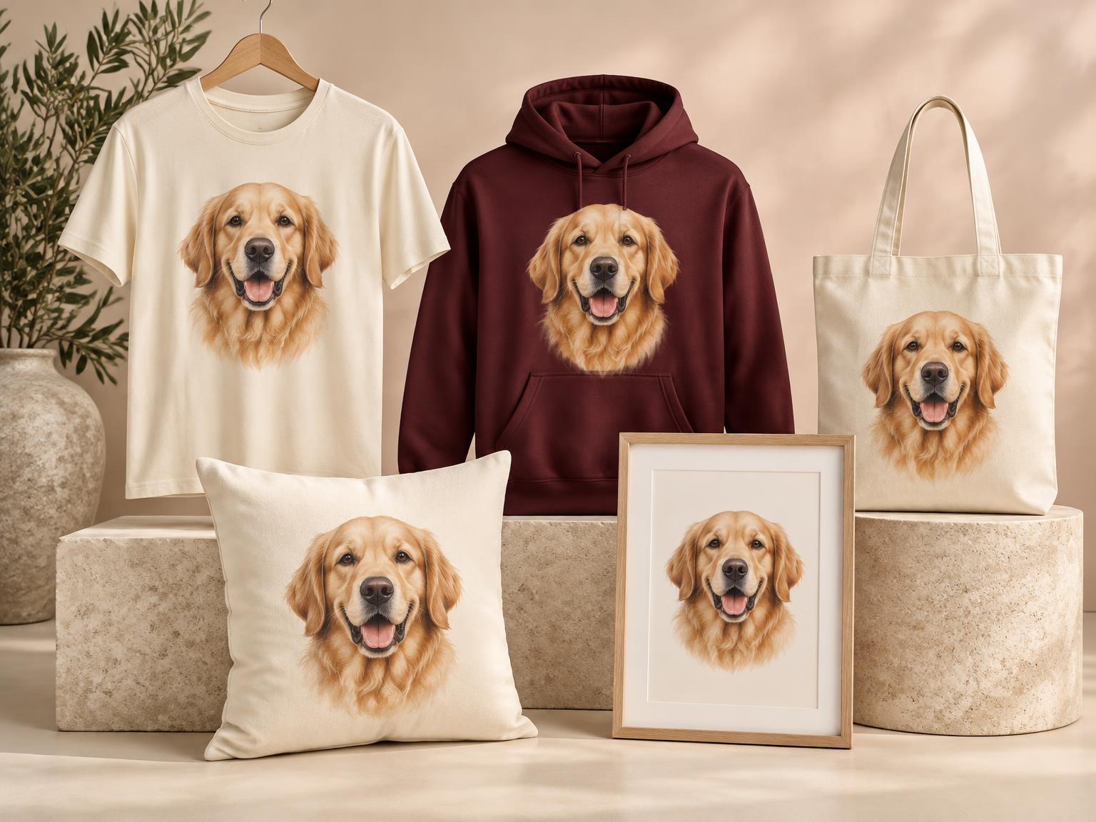 One golden retriever portrait illustrated across a T-shirt, hoodie, tote bag, cushion and framed print